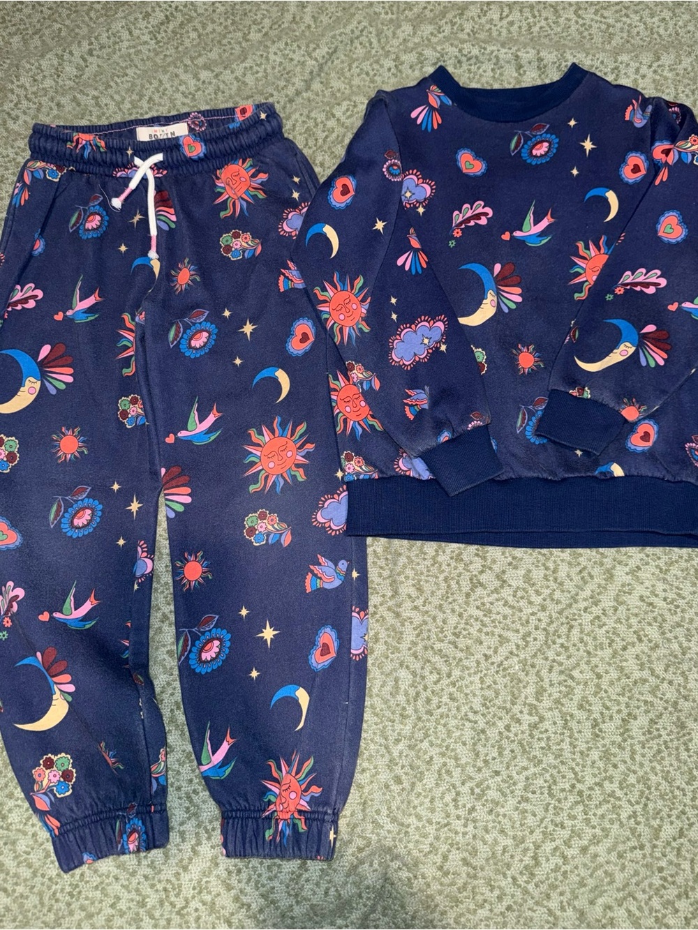 Mini Boden Navy Sun & Moon Jogger Set with Colorful Prints